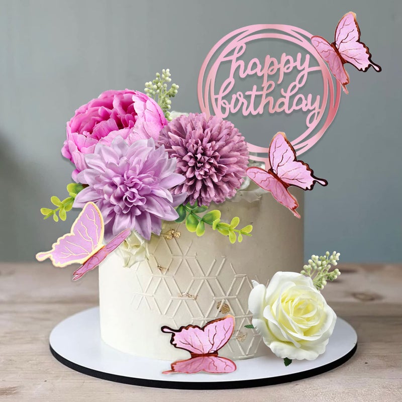 BANBALLON 14 PCS Butterfly Cake Toppers Happy Birthday Cake Decorations with Artificial Purple Flowers Eucalyptus Butterflies for Girls Birthday Party Wedding Baby Shower Supplies Purple - Image 2