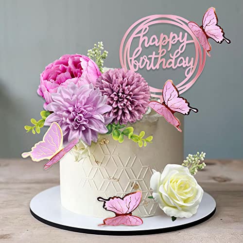 BANBALLON 14 PCS Butterfly Cake Toppers Happy Birthday Cake Decorations with Artificial Purple Flowers Eucalyptus Butterflies for Girls Birthday Party Wedding Baby Shower Supplies Purple - Image 1