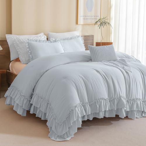 Masaca Ruffle Comforter Full Size,3 Pieces Farmhouse Shabby Boho Chic Full Bedding Set,Vintage Ruffled Rustic Light Blue Bedding Comforter Set for All Season - Image 1