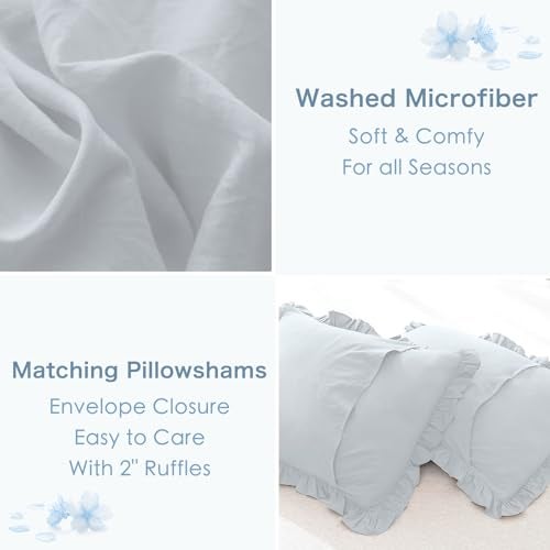 Masaca Ruffle Comforter Full Size,3 Pieces Farmhouse Shabby Boho Chic Full Bedding Set,Vintage Ruffled Rustic Light Blue Bedding Comforter Set for All Season - Image 4