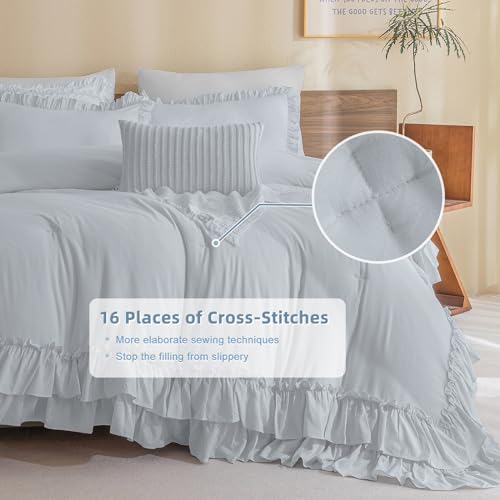 Masaca Ruffle Comforter Full Size,3 Pieces Farmhouse Shabby Boho Chic Full Bedding Set,Vintage Ruffled Rustic Light Blue Bedding Comforter Set for All Season - Image 3