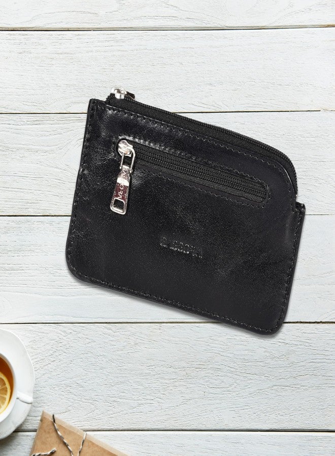 Sassora Genuine Leather Key Case with Zipper and Keyring | Compact Key Holder Wallet for Car & Bike Keys | For Men & Women (Black) - Image 4