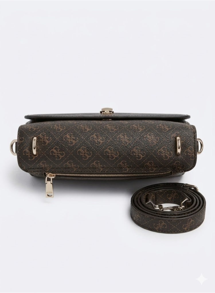 GUESS Women’s Monogram Saddle Crossbody Bag – Brown Elegant Flap Bag with Gold Hardware - Image 5