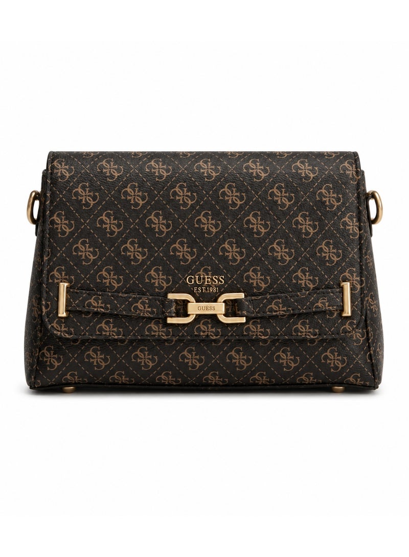 GUESS Women’s Monogram Saddle Crossbody Bag – Brown Elegant Flap Bag with Gold Hardware - Image 1