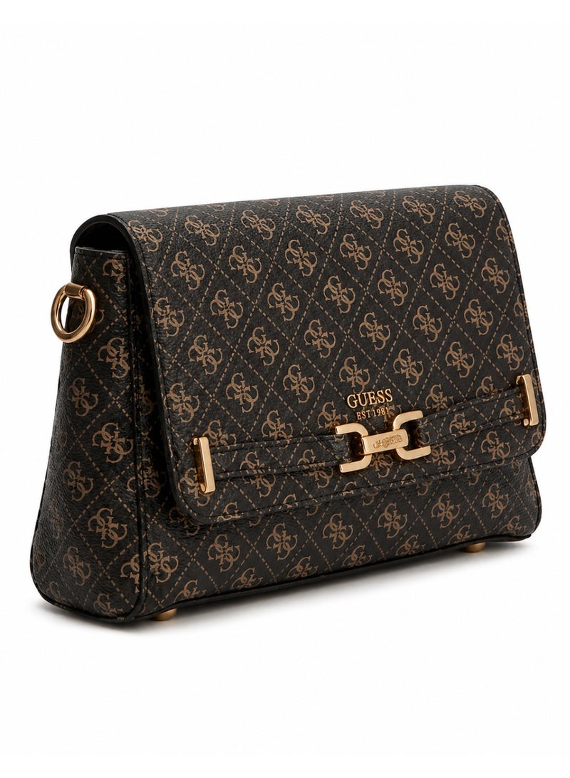GUESS Women’s Monogram Saddle Crossbody Bag – Brown Elegant Flap Bag with Gold Hardware - Image 2