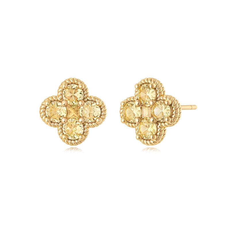 MYEARS Stud Earrings for Women Gold Flower Four-leaf-clover November Birthstone Yellow Cubic Zirconia 14K Small Simple Hypoallergenic Birthday Gift Jewelry - Image 1