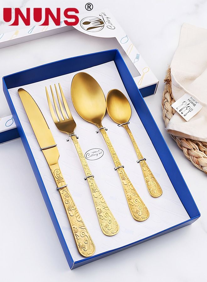 UNUNS Silverware Cutlery Set,4 Pcs Royal Flatware Set,410 Stainless Steel Gold Fork Knife Spoon Set,Kitchen Utensil Set,Basics Tableware Silverware Cutlery Set For Family Gatherings Daily Use - Image 1