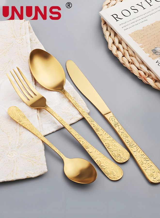 UNUNS Silverware Cutlery Set,4 Pcs Royal Flatware Set,410 Stainless Steel Gold Fork Knife Spoon Set,Kitchen Utensil Set,Basics Tableware Silverware Cutlery Set For Family Gatherings Daily Use - Image 2