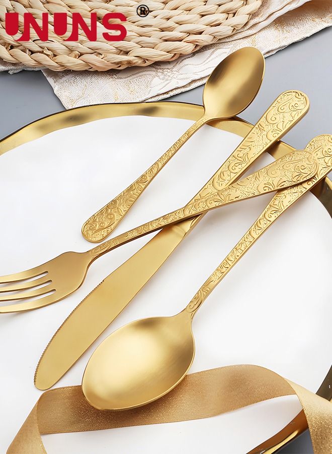 UNUNS Silverware Cutlery Set,4 Pcs Royal Flatware Set,410 Stainless Steel Gold Fork Knife Spoon Set,Kitchen Utensil Set,Basics Tableware Silverware Cutlery Set For Family Gatherings Daily Use - Image 5