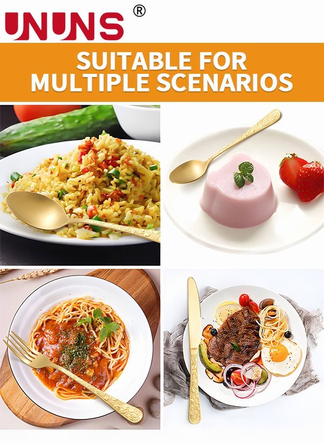 UNUNS Silverware Cutlery Set,4 Pcs Royal Flatware Set,410 Stainless Steel Gold Fork Knife Spoon Set,Kitchen Utensil Set,Basics Tableware Silverware Cutlery Set For Family Gatherings Daily Use - Image 4