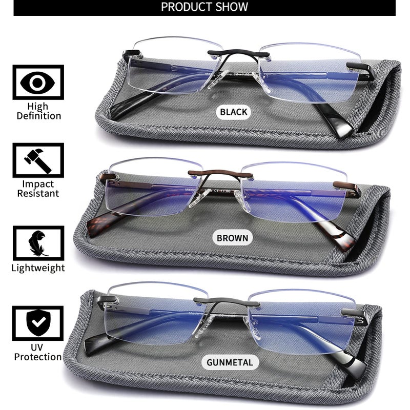 Jjwell 3 Pack Reading Glasses For Men Blue Light Blocking  Lightweight Rimless Metal Mens Eyeglasses Readers  Anti Eyestrain/Dryness/Computer Glare/Uv 400  Spring Hinge Eyeglasses(225 Strength) - Image 2