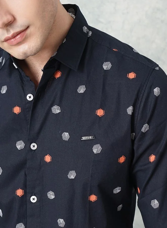 شركة المرآب الهندية Men Slim Fit Geometric Printed Full Sleeves Spread Collar Casual Shirt
