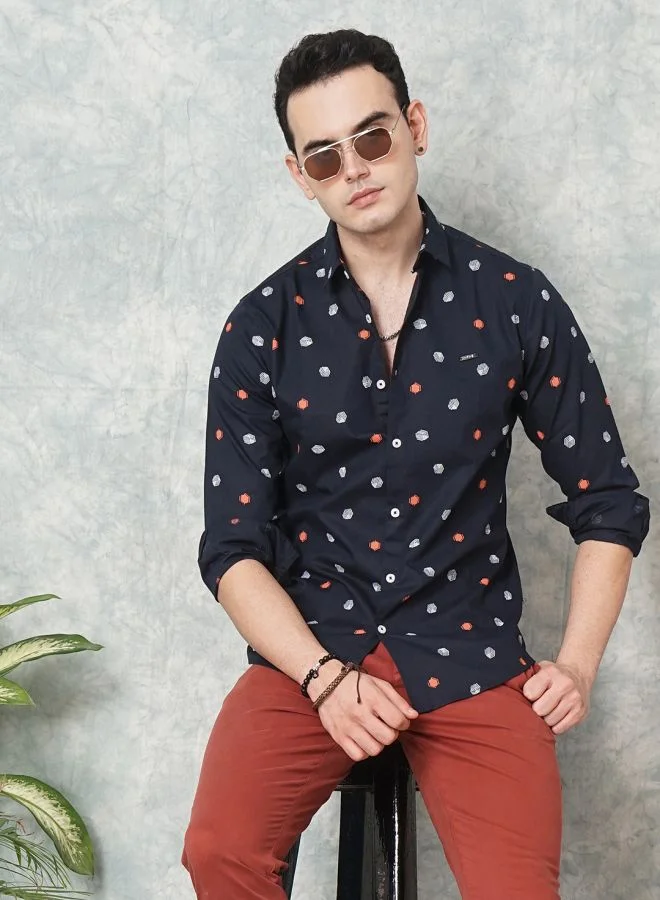 شركة المرآب الهندية Men Slim Fit Geometric Printed Full Sleeves Spread Collar Casual Shirt