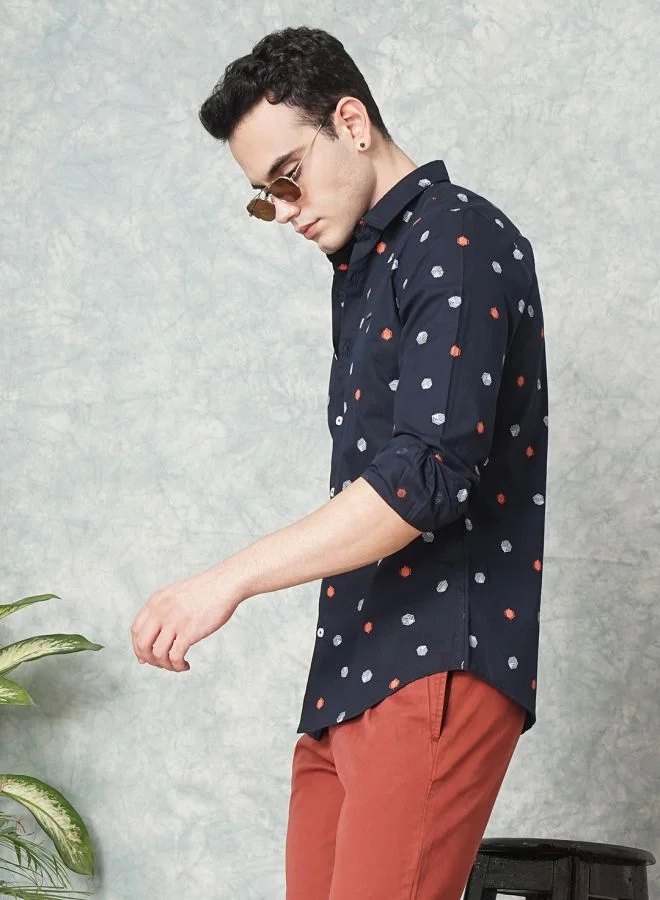 شركة المرآب الهندية Men Slim Fit Geometric Printed Full Sleeves Spread Collar Casual Shirt