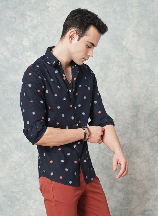 شركة المرآب الهندية Men Slim Fit Geometric Printed Full Sleeves Spread Collar Casual Shirt