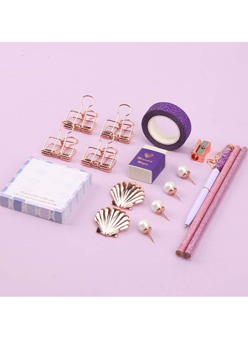 Cute stationery set ballpoint pens pencils pencils washi tape eraser pearl pins sticky notes notepad rose gold flipchart purple mermaid office desk supplies - Image 4
