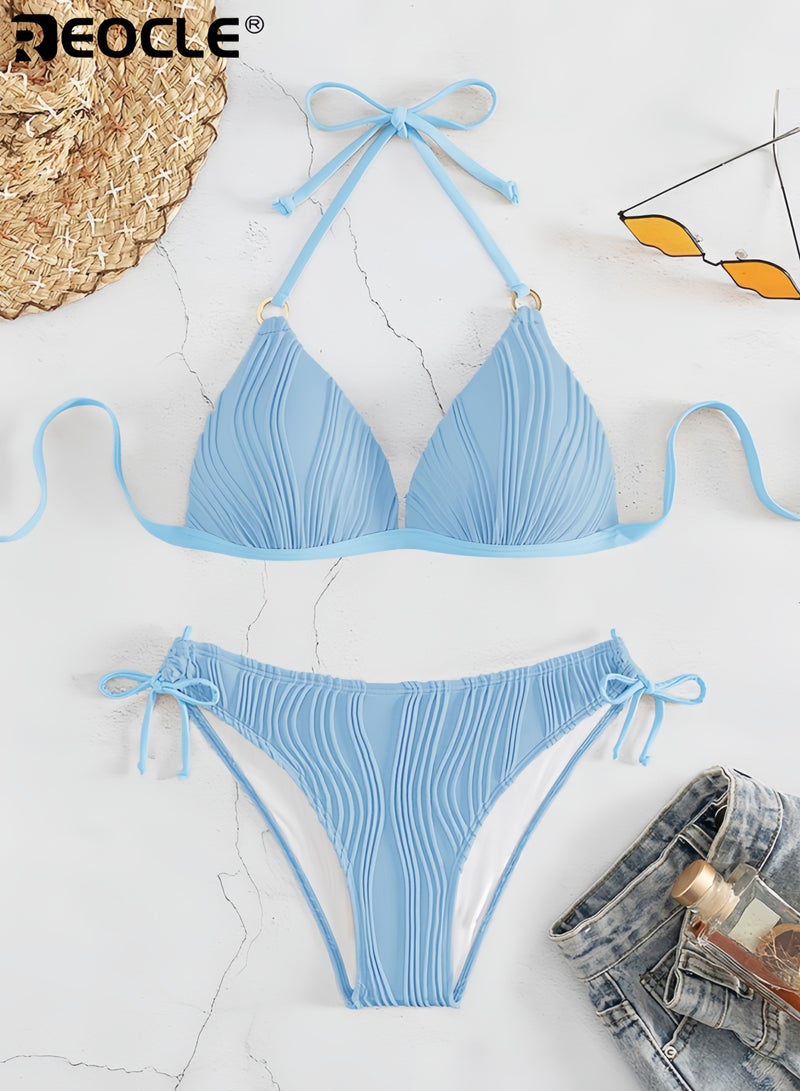 REOCLE Women's Bikini Sets Two Piece Swimsuit Plunge Neck Cheeky Bottom Triangle Top Halter Double Strap Textured  - Image 4