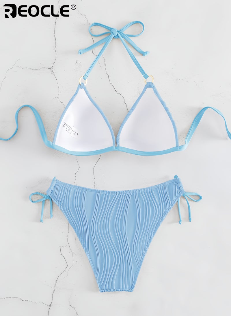 REOCLE Women's Bikini Sets Two Piece Swimsuit Plunge Neck Cheeky Bottom Triangle Top Halter Double Strap Textured  - Image 5