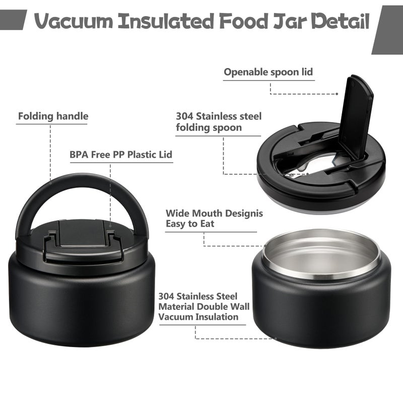 BABHAMNESS 13.5oz Soup Thermo for Hot Food Kids Insulated Vacuum Food Jar with Buckle Lid,Wide Mouth Leakproof Stainless Steel Lunch Container with Spoon-Black - Image 2