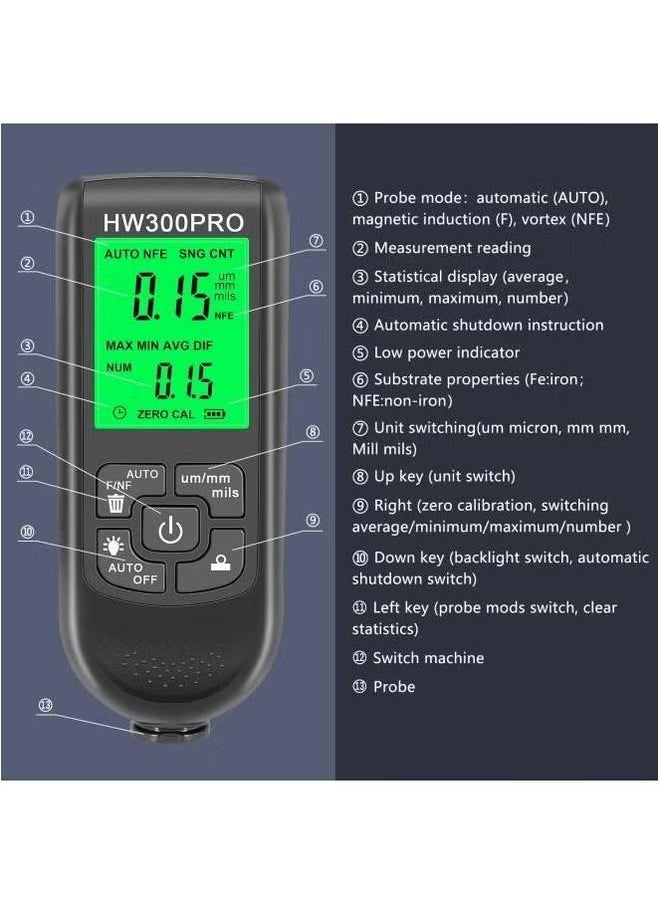 Generic - HW-300PRO Car Paint Film Automatic Thickness Gauge, 0-2000um Fe u0026 NFe Coating Tester Manual Automotive Tools - Image 1