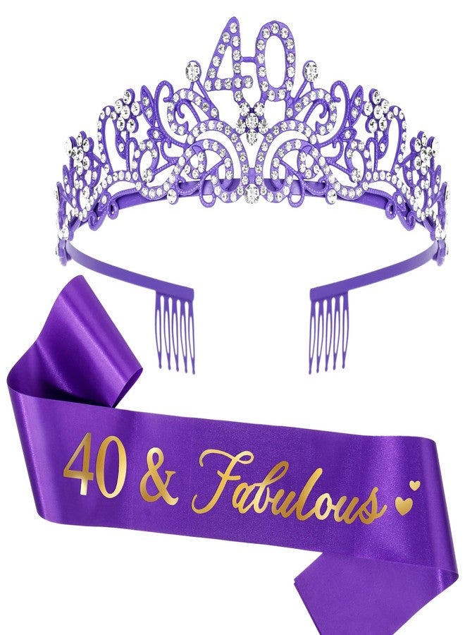 Ondder Purple 40th Birthday Tiara and Sash for Women - 40 & Fabulous Birthday Sash and Crown Set - Fashion Headband - Women's Costume Circlet - 2 Count - Image 1