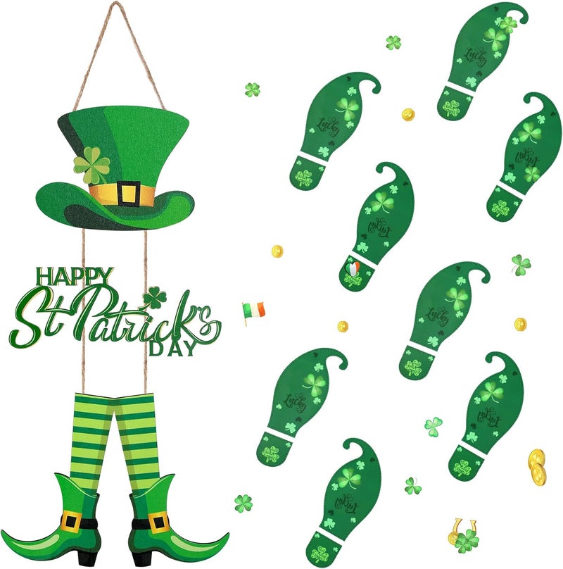 Marsui St Patricks Day Decorations Set Includes Hanging Happy St Patricks Day Wooden Wall Decor and 5 Sheets Leprechaun Footprints Floor Decals Happy St Patricks Day Sign Shamrock Door Decoration - Image 1