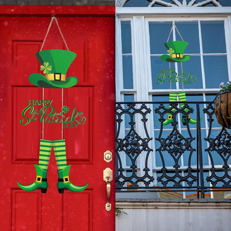 Marsui St Patricks Day Decorations Set Includes Hanging Happy St Patricks Day Wooden Wall Decor and 5 Sheets Leprechaun Footprints Floor Decals Happy St Patricks Day Sign Shamrock Door Decoration - Image 5