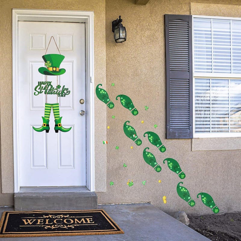 Marsui St Patricks Day Decorations Set Includes Hanging Happy St Patricks Day Wooden Wall Decor and 5 Sheets Leprechaun Footprints Floor Decals Happy St Patricks Day Sign Shamrock Door Decoration - Image 4