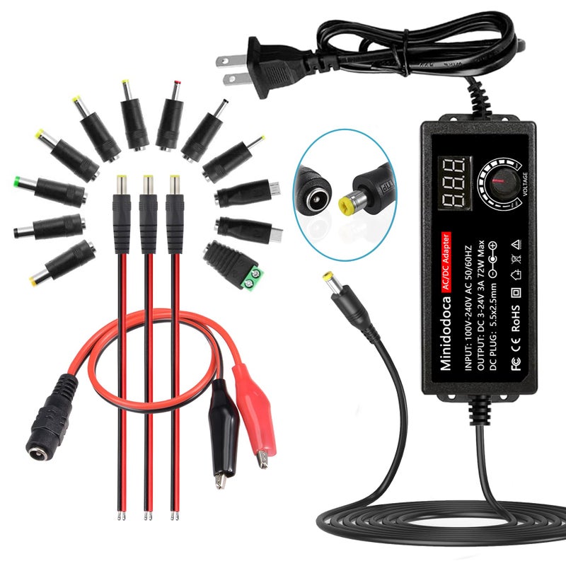 minidodoca 72W Power Supply Adjustable 3V ~ 24V Variable Universal Switching AC/DC Adapter Minidodoca AC to DC Converter with LED Voltage Display and 16 Tips, for 3V to 24V Household Electronics - 3000mA Max - Image 1
