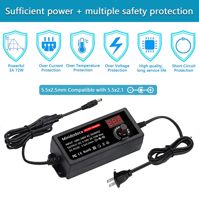 minidodoca 72W Power Supply Adjustable 3V ~ 24V Variable Universal Switching AC/DC Adapter Minidodoca AC to DC Converter with LED Voltage Display and 16 Tips, for 3V to 24V Household Electronics - 3000mA Max - Image 3