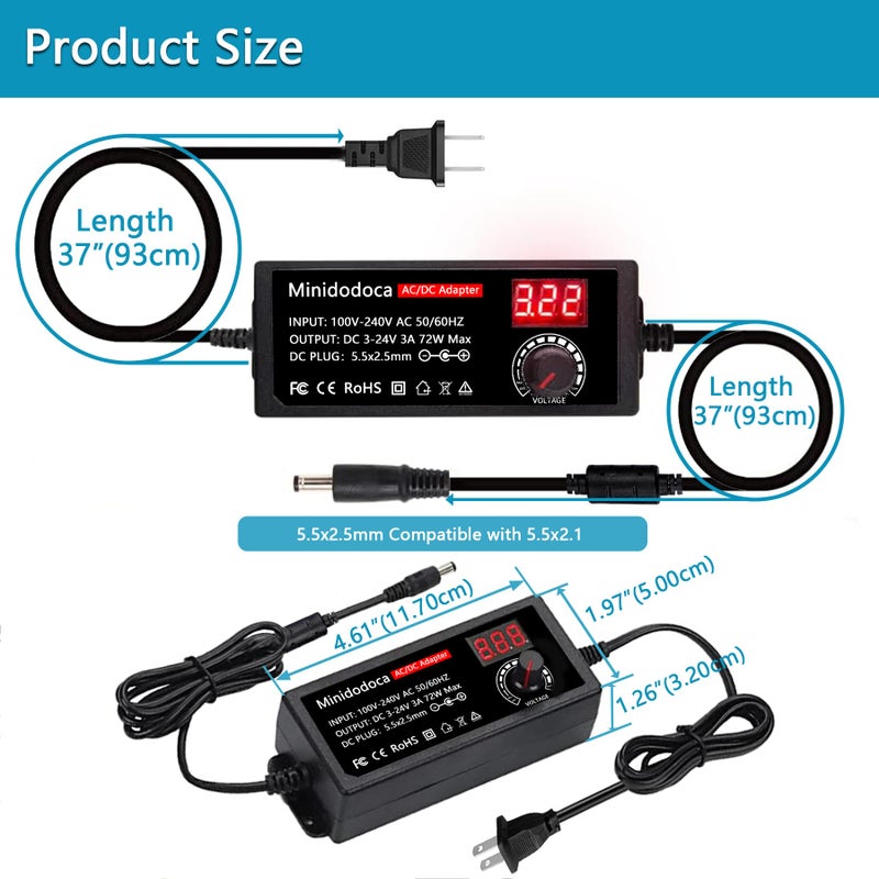 minidodoca 72W Power Supply Adjustable 3V ~ 24V Variable Universal Switching AC/DC Adapter Minidodoca AC to DC Converter with LED Voltage Display and 16 Tips, for 3V to 24V Household Electronics - 3000mA Max - Image 4