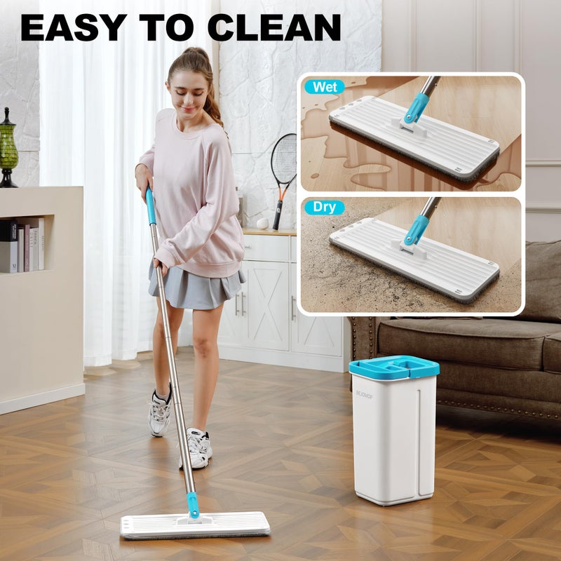 BEJOMOP Mop and Bucket Set, Mops for Floor Cleaning Turquoise-Cyan, Wall Mop with Long Handle, Squeeze Flat Mop and Bucket System, Dry & Wet Dust Mop for Household Cleaning with 2 Microfiber Mops - Image 5
