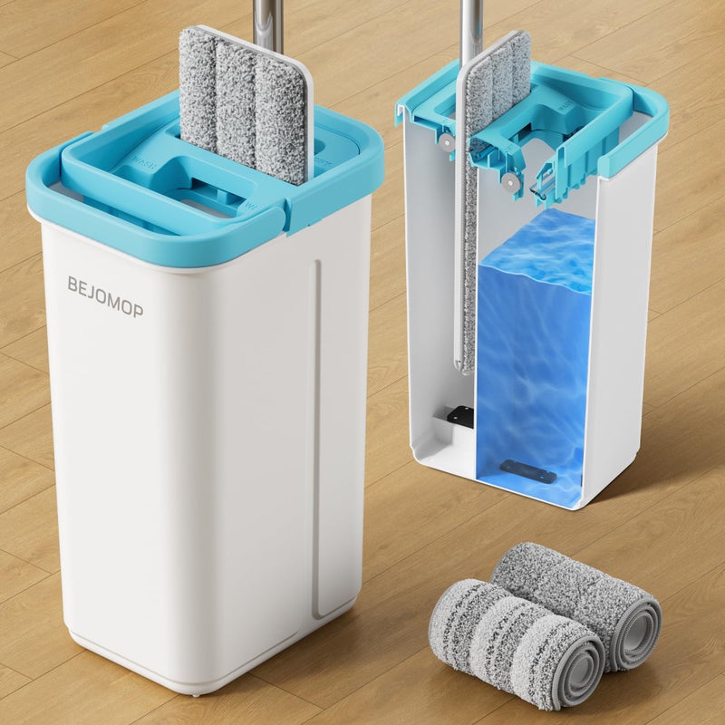 BEJOMOP Mop and Bucket Set, Mops for Floor Cleaning Turquoise-Cyan, Wall Mop with Long Handle, Squeeze Flat Mop and Bucket System, Dry & Wet Dust Mop for Household Cleaning with 2 Microfiber Mops - Image 1