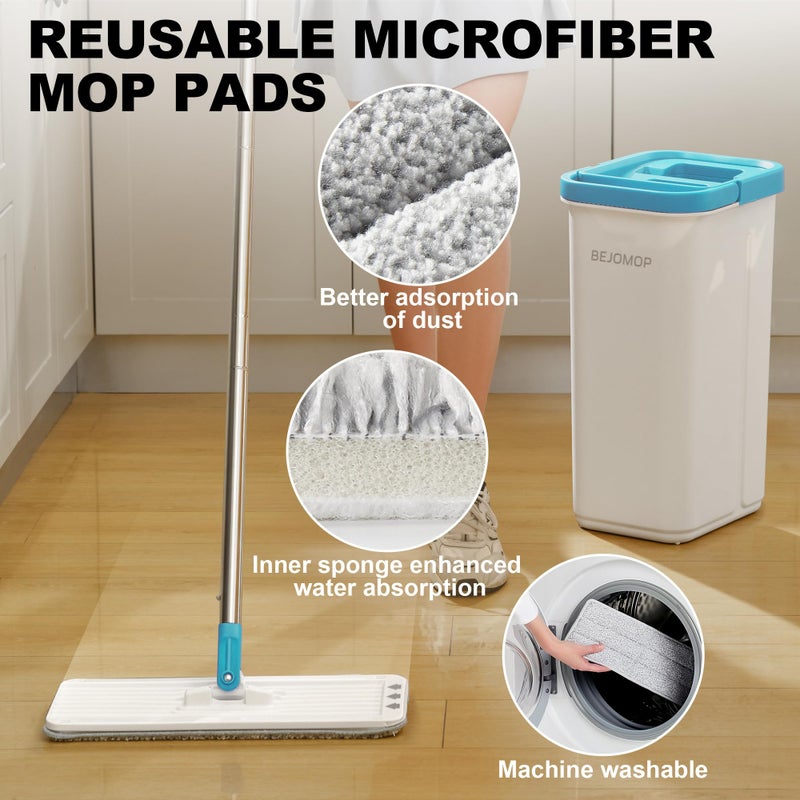 BEJOMOP Mop and Bucket Set, Mops for Floor Cleaning Turquoise-Cyan, Wall Mop with Long Handle, Squeeze Flat Mop and Bucket System, Dry & Wet Dust Mop for Household Cleaning with 2 Microfiber Mops - Image 4