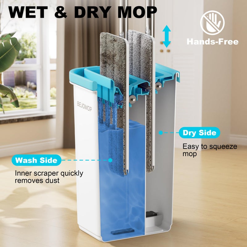 BEJOMOP Mop and Bucket Set, Mops for Floor Cleaning Turquoise-Cyan, Wall Mop with Long Handle, Squeeze Flat Mop and Bucket System, Dry & Wet Dust Mop for Household Cleaning with 2 Microfiber Mops - Image 2