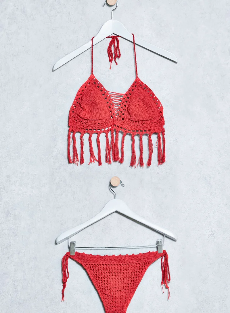 Missguided Crochet Fringe Bikini Set