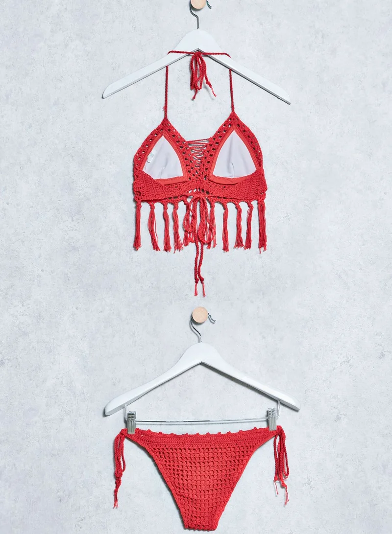 Missguided Crochet Fringe Bikini Set