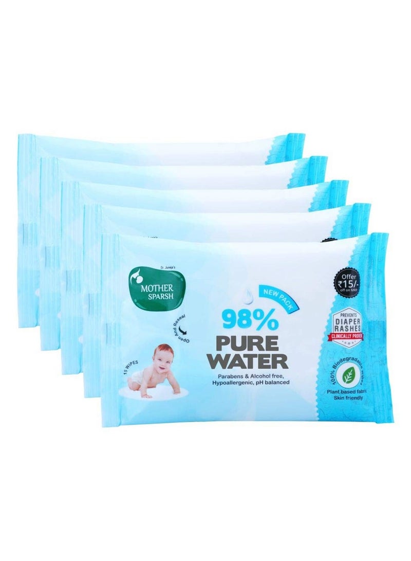 موذر سبارش ماذر سبارش، قطن معطر بنسبة 98%، نسيج نباتي مائي قابل للتحلل البيولوجي  أزرق 15 منديلًا عبوة من 5 قطع - Image 1