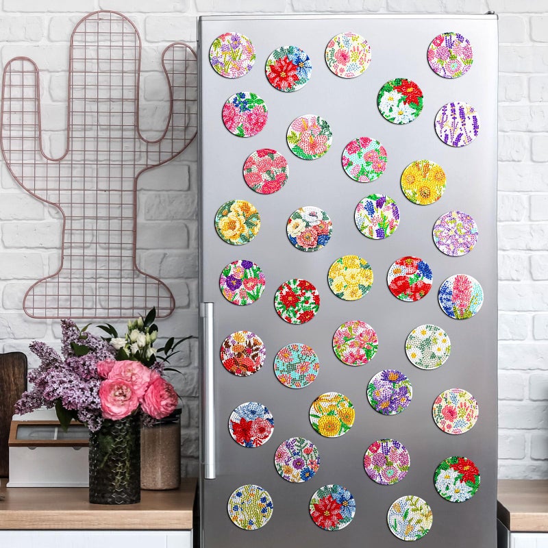 Copkim 30 Pcs Diamond Art Magnets Refrigerator Easy Art Kits Fridge Diamond Painting Magnets Stickers for Adults DIY Home Decors Flower Butterfly(Flower Dots) - Image 3