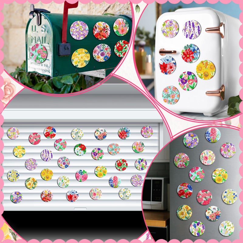Copkim 30 Pcs Diamond Art Magnets Refrigerator Easy Art Kits Fridge Diamond Painting Magnets Stickers for Adults DIY Home Decors Flower Butterfly(Flower Dots) - Image 5