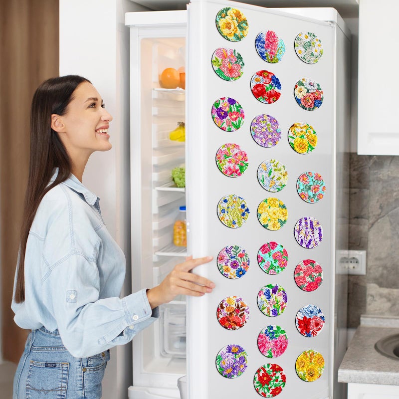 Copkim 30 Pcs Diamond Art Magnets Refrigerator Easy Art Kits Fridge Diamond Painting Magnets Stickers for Adults DIY Home Decors Flower Butterfly(Flower Dots) - Image 2