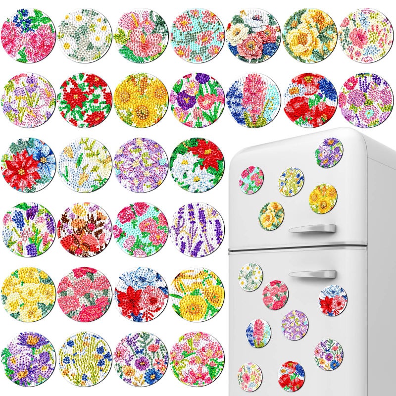 Copkim 30 Pcs Diamond Art Magnets Refrigerator Easy Art Kits Fridge Diamond Painting Magnets Stickers for Adults DIY Home Decors Flower Butterfly(Flower Dots) - Image 1