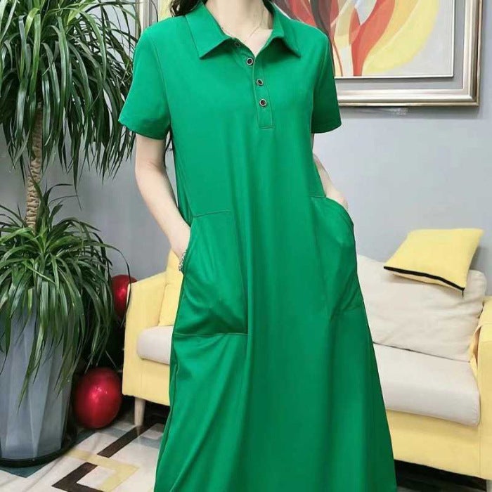 Casual Cotton Polo Dress 2023 Summer Knee-Length Solid T-shirt Dress for Women Green - Image 1