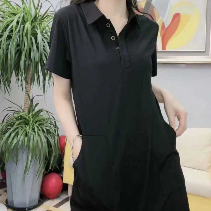 Casual Cotton Polo Dress 2023 Summer Knee-Length Solid T-shirt Dress for Women Green - Image 4