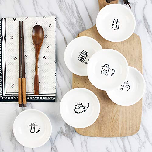 XinHuiGY Cute Cat Ceramic Side Sauce Dishes Mini Round shape Seasoning Dish, Sushi Soy Dipping Bowl,Serving Saucers Dishe,Meow Porcelain Small Tea Bag Holder Set of 6 (Round) - Image 2