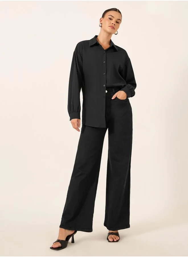 تايك تو Take Two Solid Button Front Long Sleeve Shirt