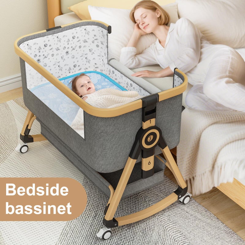 whiffee 3 in 1 Baby Bassinet,Bedside Sleeper with Storage Basket and Wheels,Portable Baby Crib with Mosquito Net, 6 Adjustable Height & Breathable Mesh,Easy to Fold (Brown&Black) - Image 3