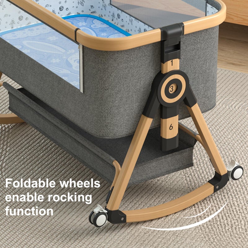 whiffee 3 in 1 Baby Bassinet,Bedside Sleeper with Storage Basket and Wheels,Portable Baby Crib with Mosquito Net, 6 Adjustable Height & Breathable Mesh,Easy to Fold (Brown&Black) - Image 4