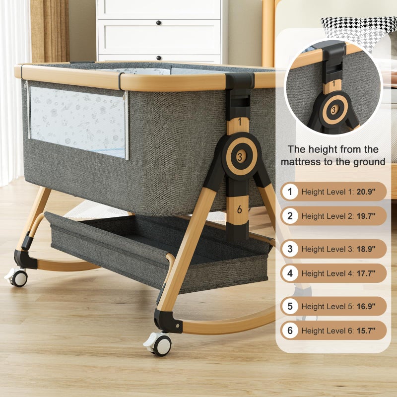 whiffee 3 in 1 Baby Bassinet,Bedside Sleeper with Storage Basket and Wheels,Portable Baby Crib with Mosquito Net, 6 Adjustable Height & Breathable Mesh,Easy to Fold (Brown&Black) - Image 5