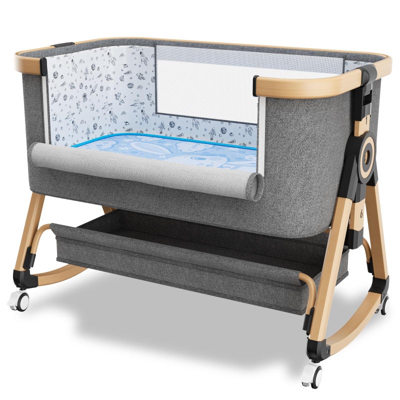 whiffee 3 in 1 Baby Bassinet,Bedside Sleeper with Storage Basket and Wheels,Portable Baby Crib with Mosquito Net, 6 Adjustable Height & Breathable Mesh,Easy to Fold (Brown&Black) - Image 1